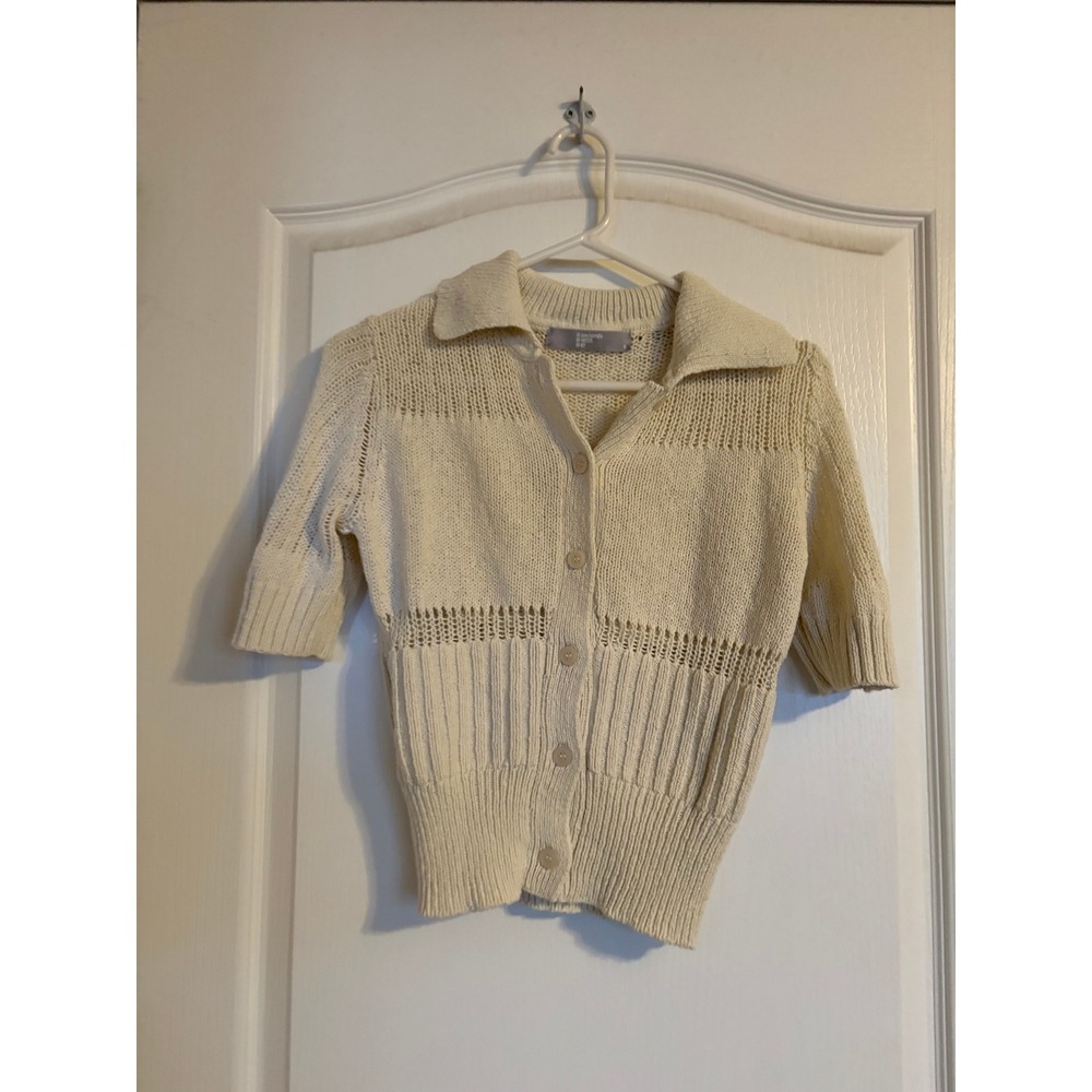 8 Seconds Cardigan Womens Small Cream Pointelle Open Knit Short Sleeve Cottage